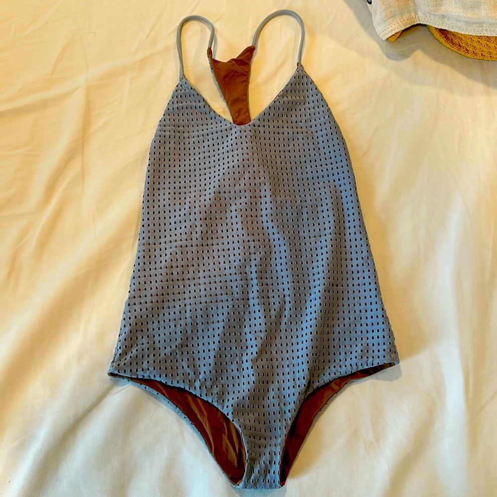 Acacia sunset one piece swimwear - Meduim - perforated hole pattern - blue grey